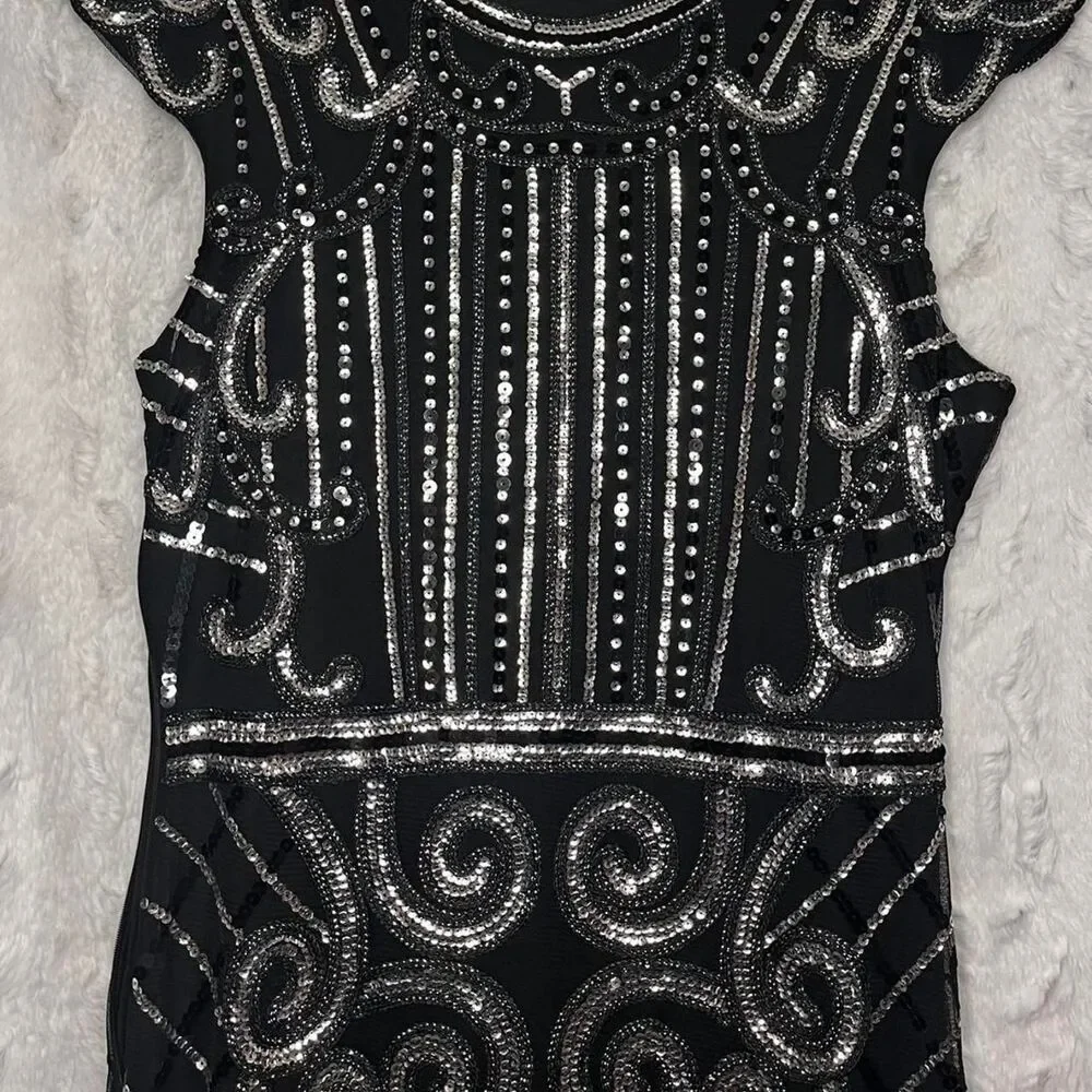 UNBRANDED Black & silver beaded midi dress with fringe hem - Picture 3 of 8